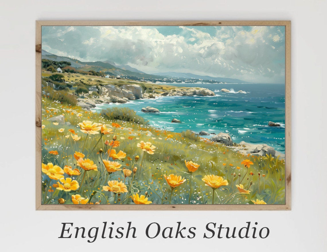 Coastal Wildflower Field Yellow Blooms Turquoise Ocean Cliffs Poster