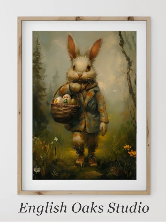 Moody Easter Bunny Boy With A Basket Of Eggs Print Farmhouse Easter Decor Nursery Easter Decor 02