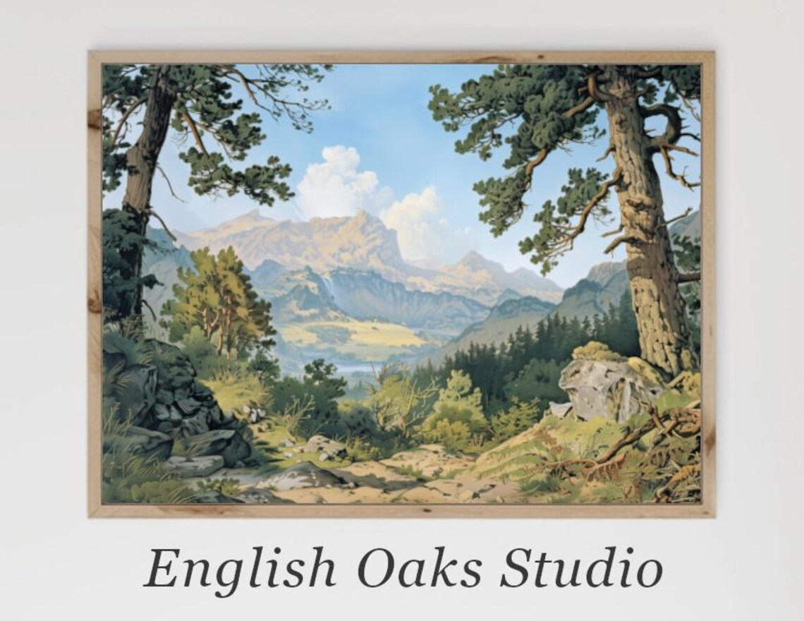 Alpine Mountain Valley in Summer Vintage French Country Landscape Poster