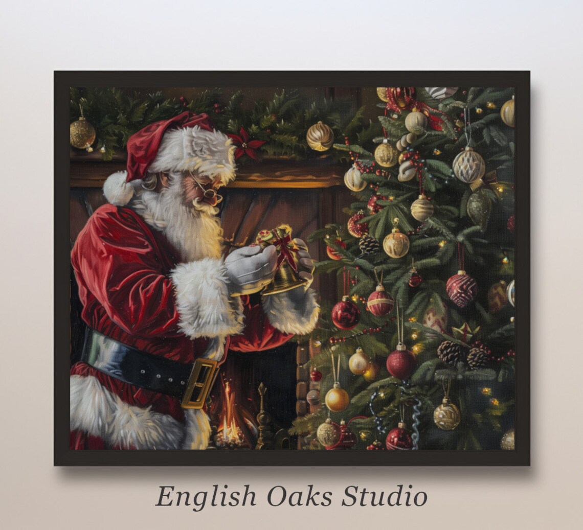 Vintage Santa and the Christmas Tree, Winter Art Print
