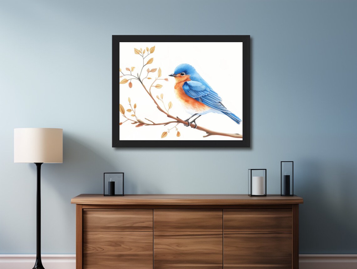 Bluebird On A Branch With Golden Autumn Leaves Watercolor Poster - Image 2