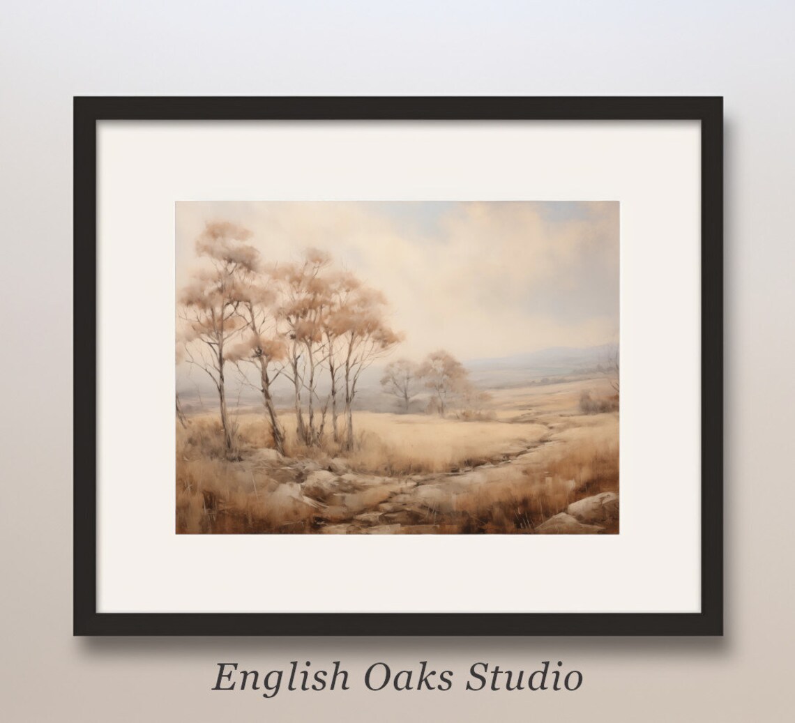 Muted Valley Landscape Oil Painting Neutral Tones Scenery Wall Art