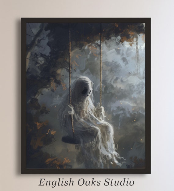 Halloween Dark Ghost Swing Decor Moody Halloween Painting Vintage Ghost Spooky Wall Art Print