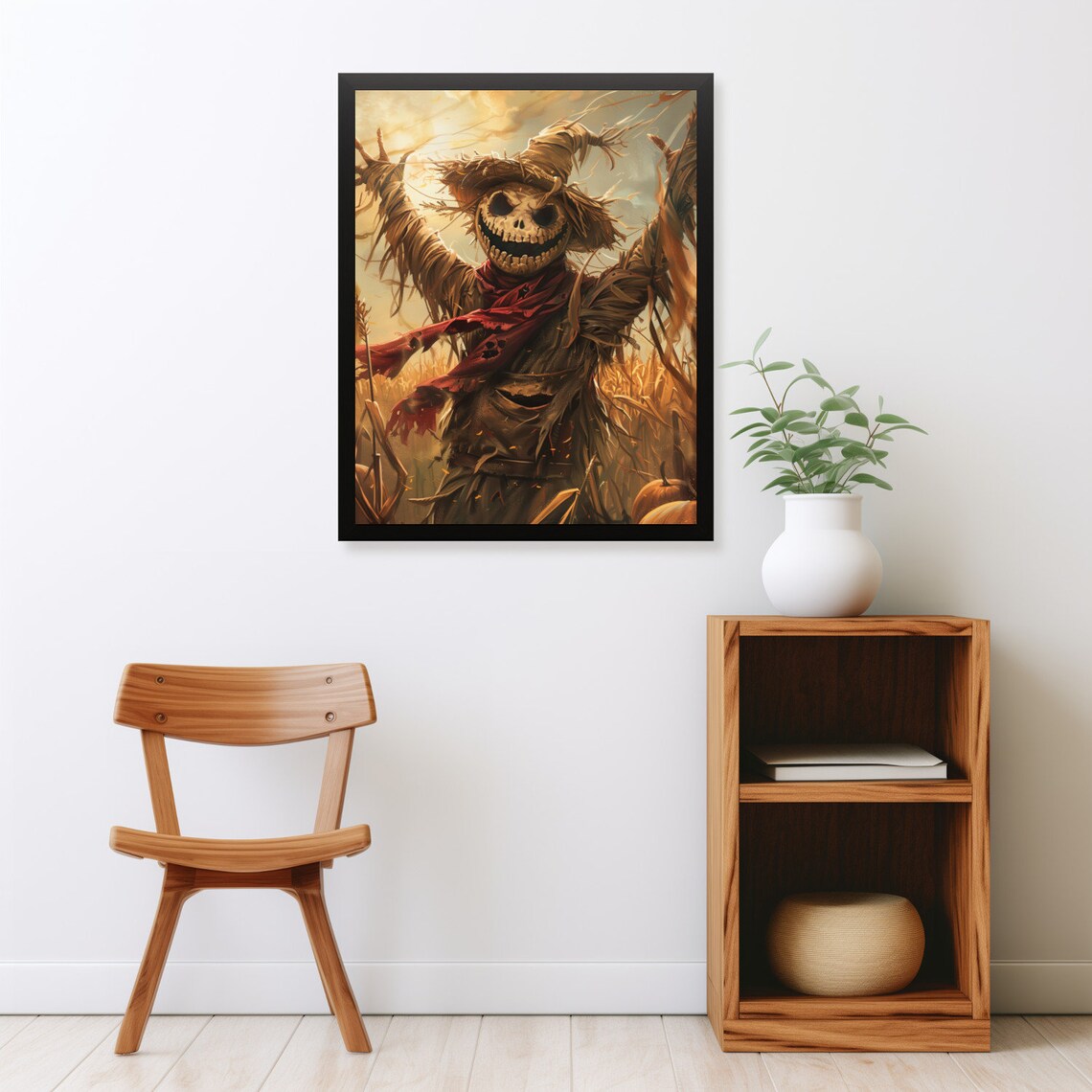 Grinning Pumpkin Head Scarecrow in Cornfield Sunset Fall Harvest Poster - Image 2
