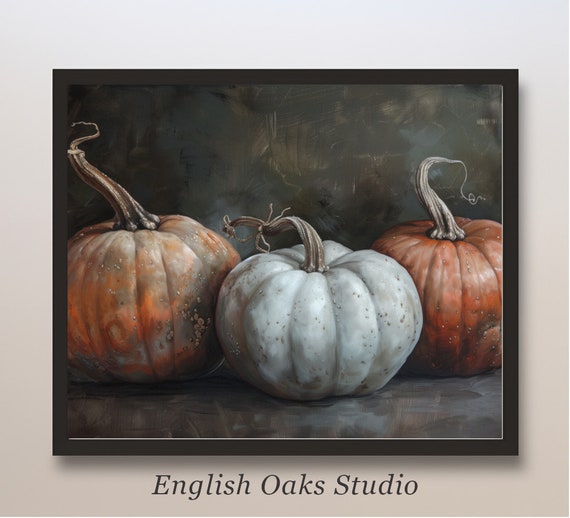 Moody Three Pumpkins Painting Rustic Halloween Pumpkins Still Like Print Vintage Fall Pumpkins Wall Art 02