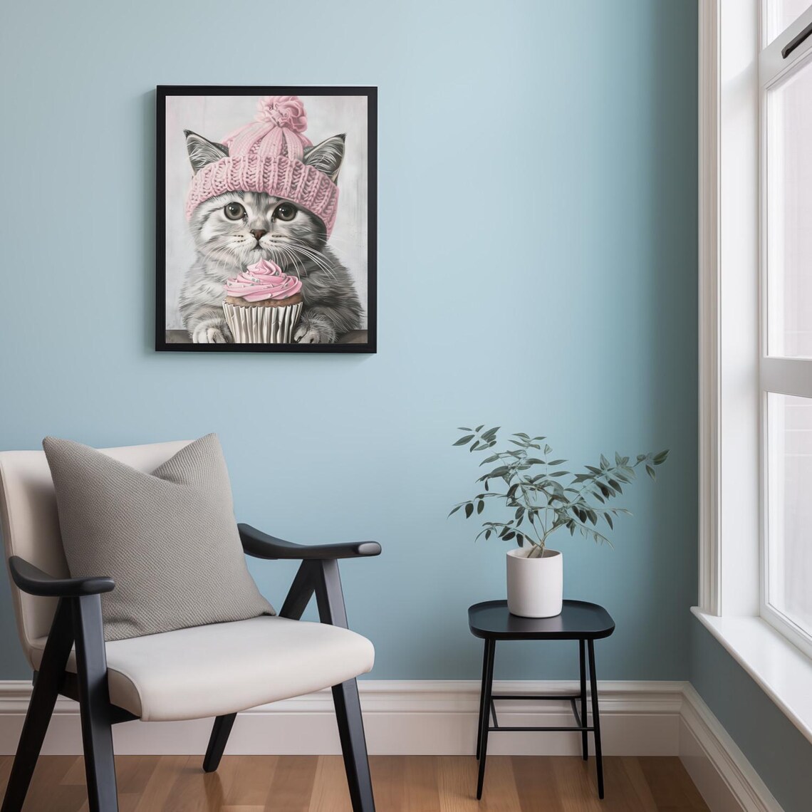 Kitten in Pink Knit Hat with Pink Cupcake Cute Animal Nursery Art Poster - Image 2