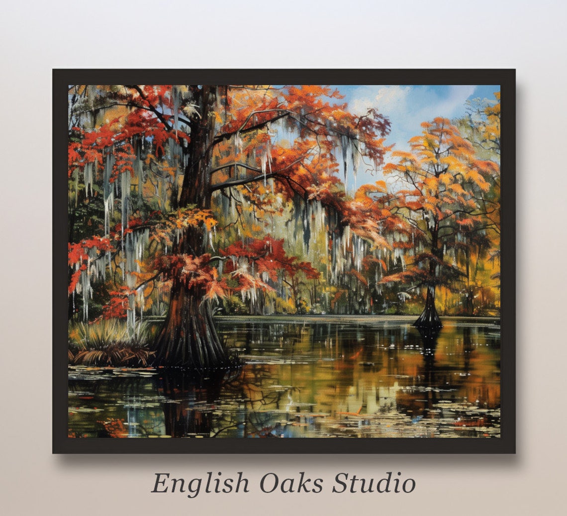 Blazing Autumn Cypress Swamp Spanish Moss Water Reflection Poster