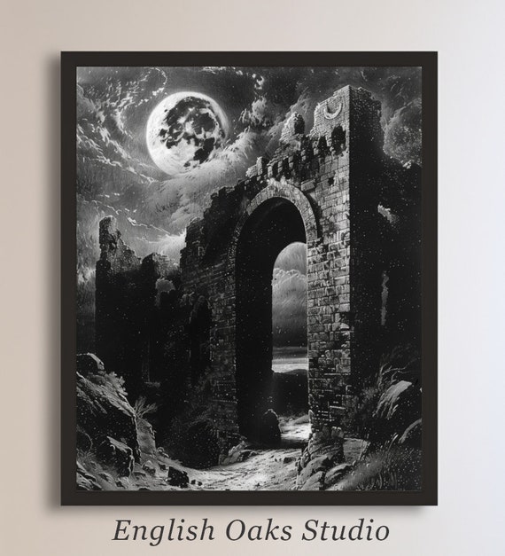 Vintage Moody Gothic Gates Full Moon Painting Scary Spooky Dark Academia Haunted Halloween Print