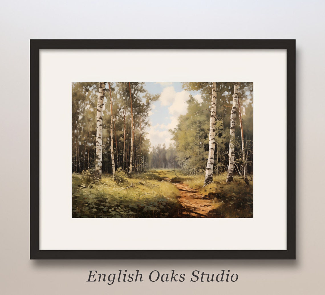 Sunlit Summer Birch Forest Woodland Path Oil Painting Poster
