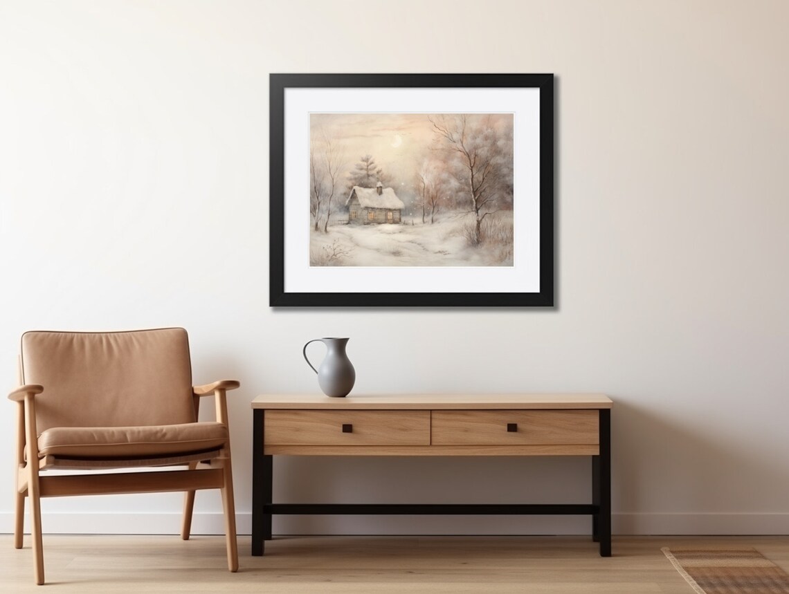 Snow Covered Cabin at Dusk with Glowing Windows Oil Painting Poster - Image 2