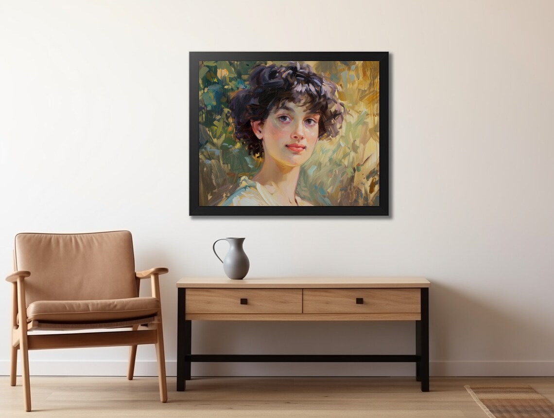 Vintage Oil Portrait Of A Young Woman With Dark Curly Hair Poster - Image 2