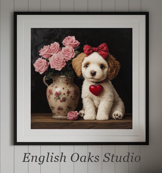 Moody Valentines Day Dog With Red Bow Next To A Vase With Pink Roses Painting Vintage Goth Dark Academia Mothers Day Puppy And Flowers