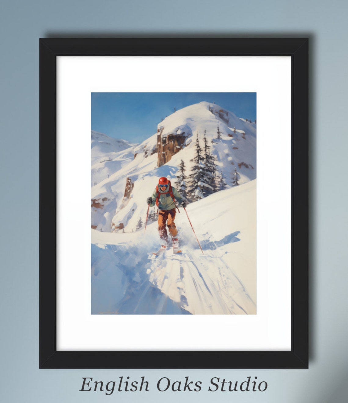 Skier Racing Down a Snowy Mountain Slope Action Oil Painting Poster