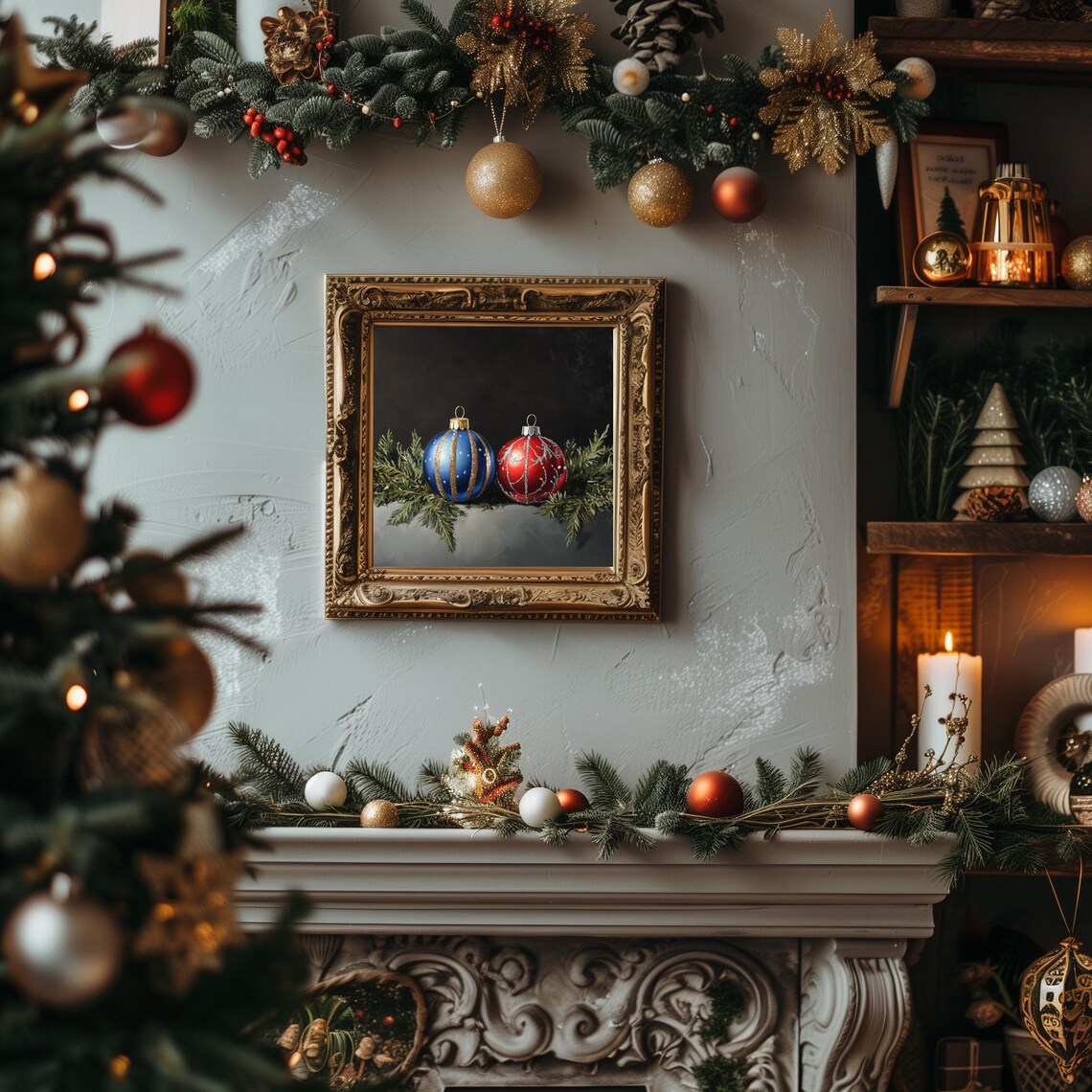 Blue And Red Christmas Ornaments With Evergreen Sprigs Poster - Image 2