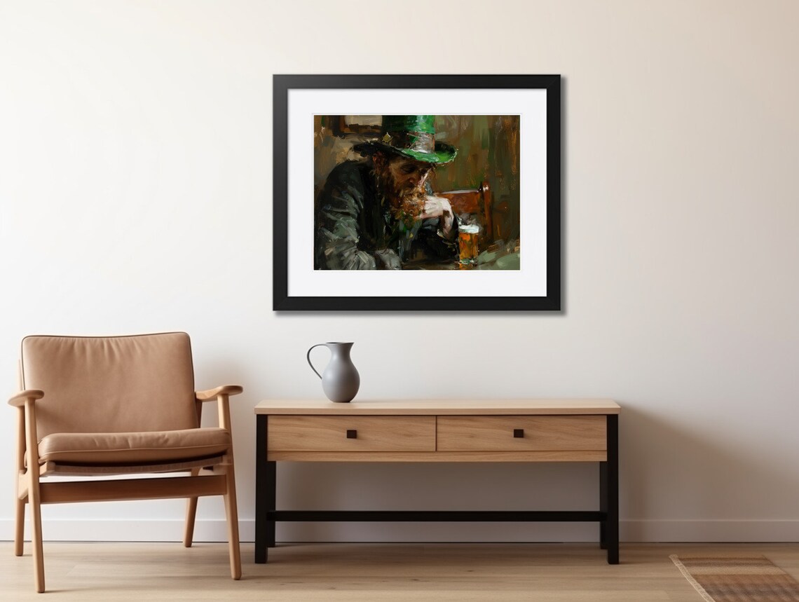 Irish Man in Green Hat Drinking Beer Vintage Pub Painting Wall Art - Image 2