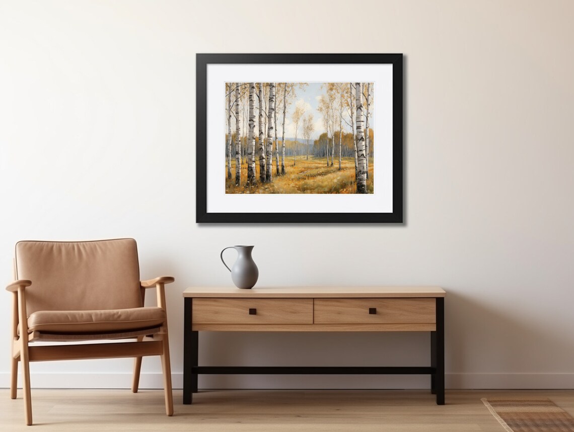 Golden Birch Grove Meadow in Warm Autumn Light Oil Painting Poster - Image 2