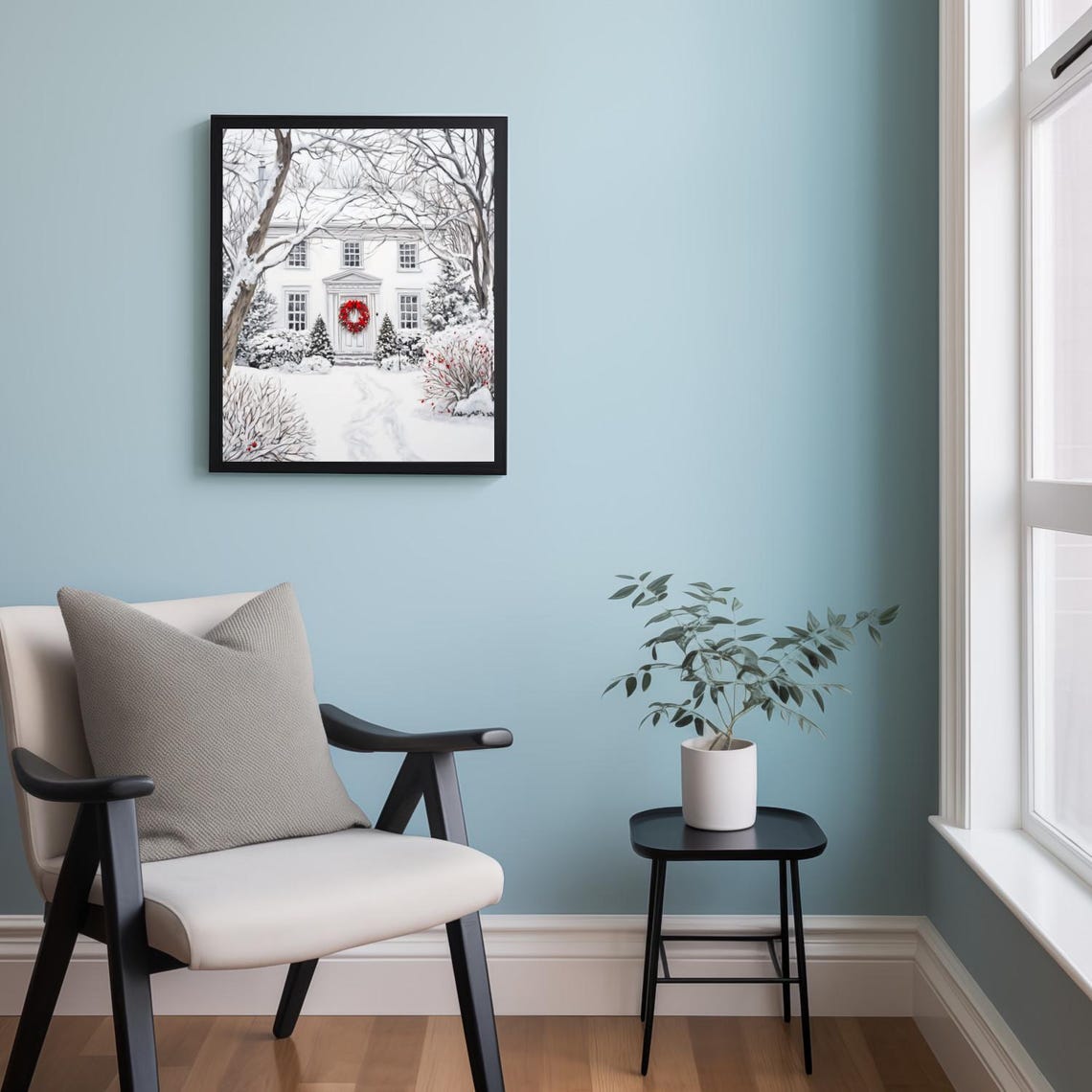 Snowy White House with Red Berry Wreath on Front Door Poster - Image 2