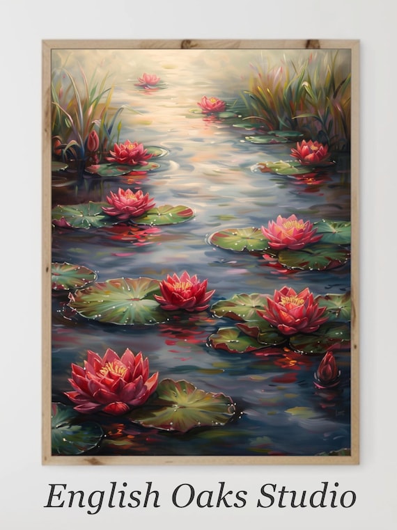 Red Water Lilies Floating On Serene Pond With Lily Pads Poster
