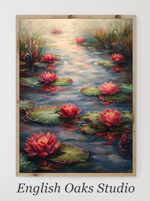 Vintage Water Lilies Print Botanical Flowers In Pond Landscape Painting