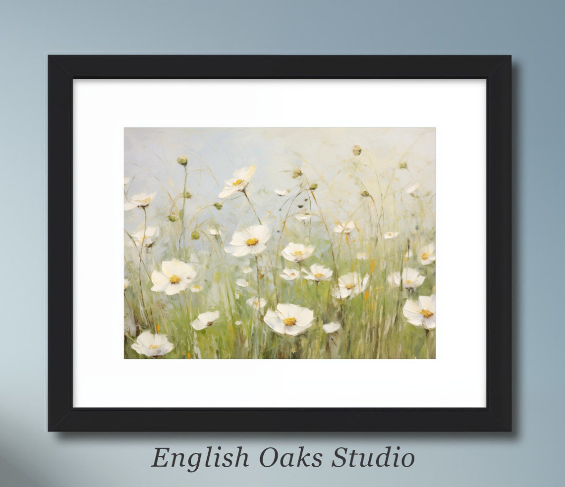 White Daisy Wildflowers in a Sunlit Meadow Oil Painting Poster