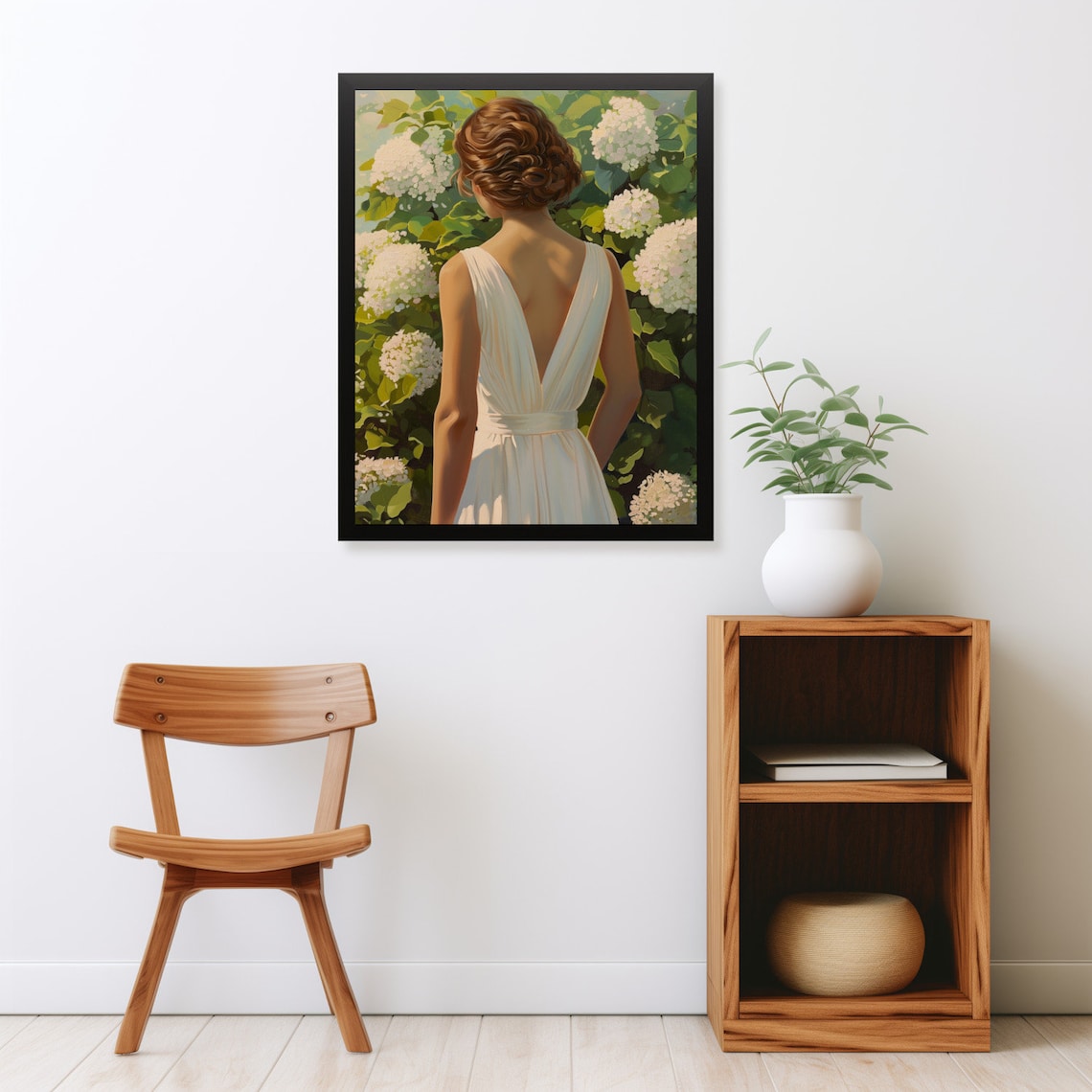 Woman In White Dress Among Hydrangeas Vintage Garden Painting Poster - Image 2