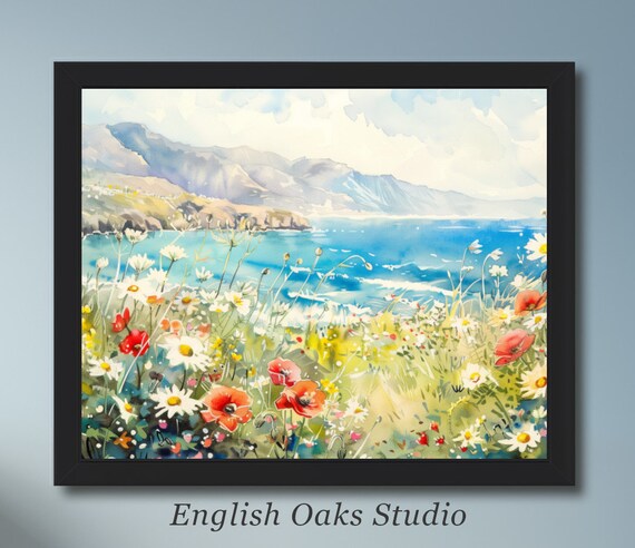 Vivid Coastal Wildflower Field Watercolor With Blue Sea Mountains Poster
