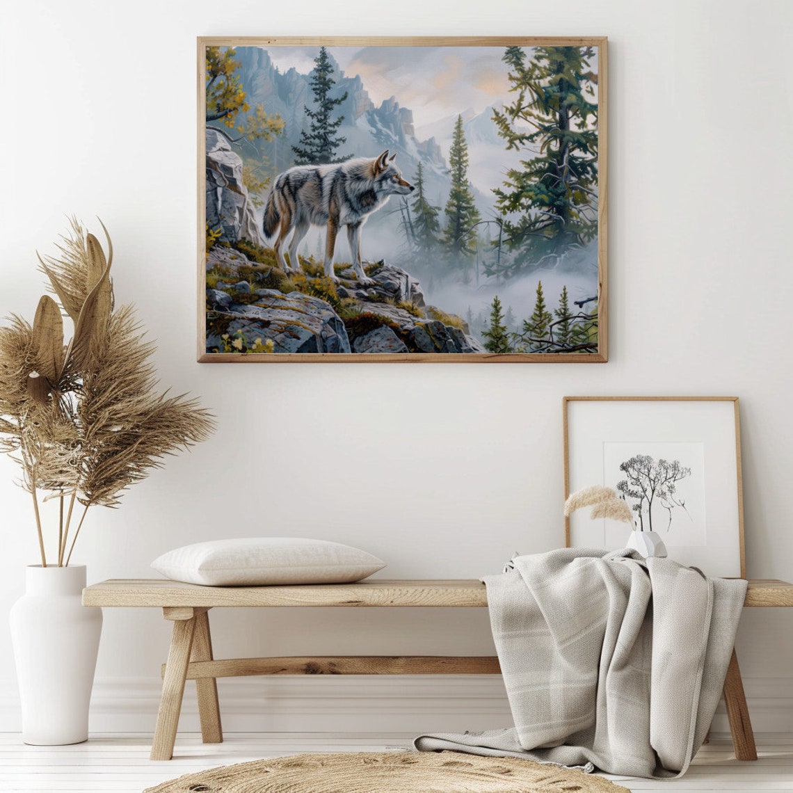 Rustic Wolf Painting Vintage Wolf Moody Alpine Print Mountain Landscape Wolf Cabin Decor 01 - Image 2