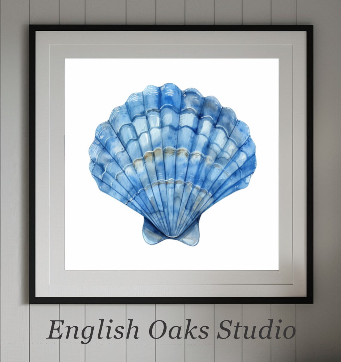 Beautiful Blue Watercolor Scallop Shell in Coastal Beach Poster