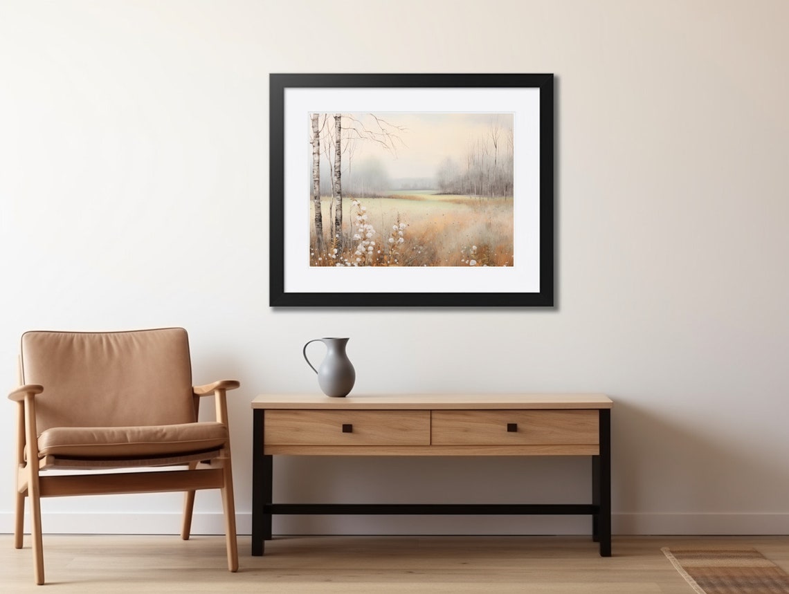 Bare Birch Trunks at Edge of Misty Autumn Field Wildflower Poster - Image 2