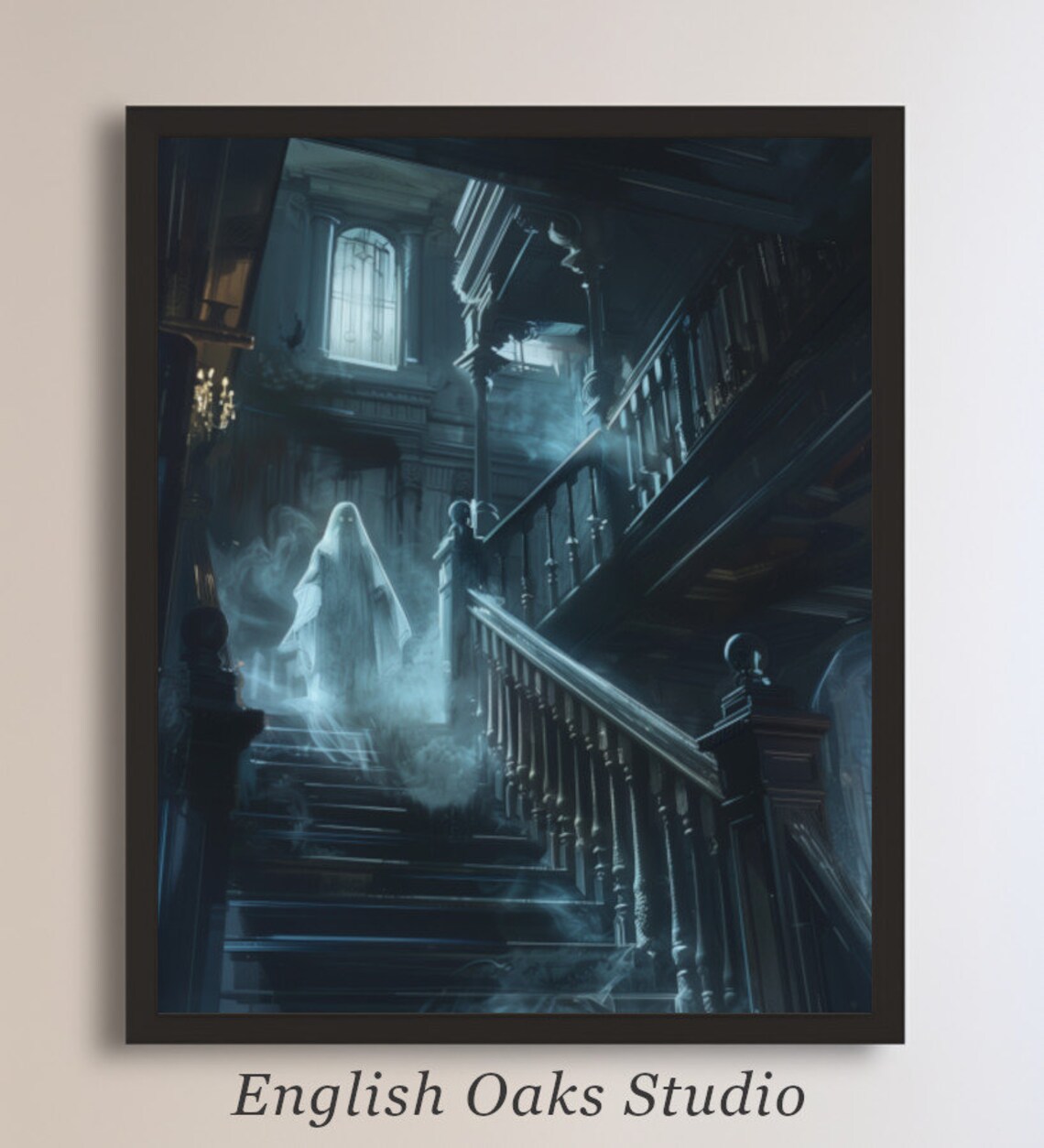 Moody Spooky Ghost Stairs Mansion Vintage Halloween Art Print