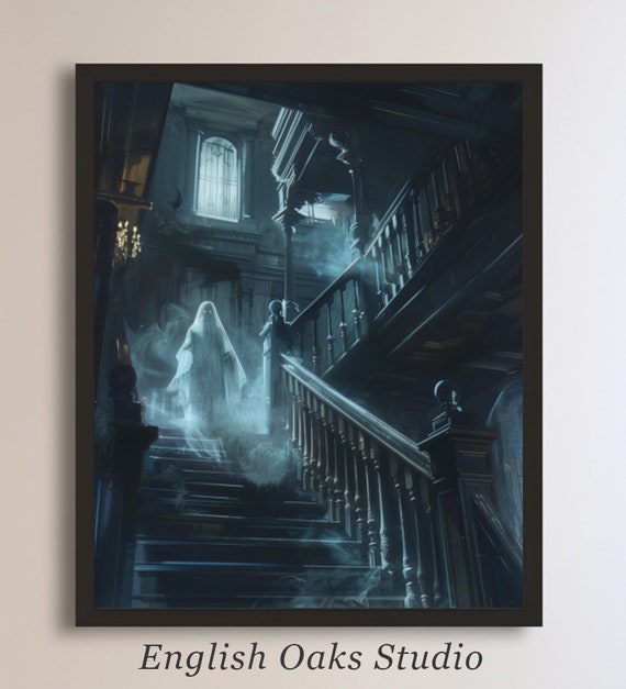 Moody Spooky Ghost Stairs Mansion Vintage Halloween Art Print