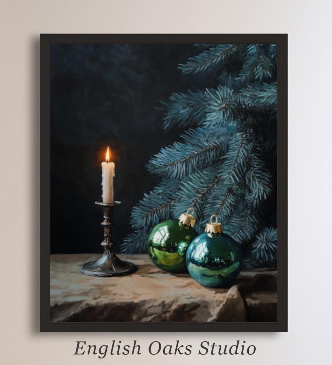 Lit Candle With Green Ornaments And Blue Spruce Boughs Poster