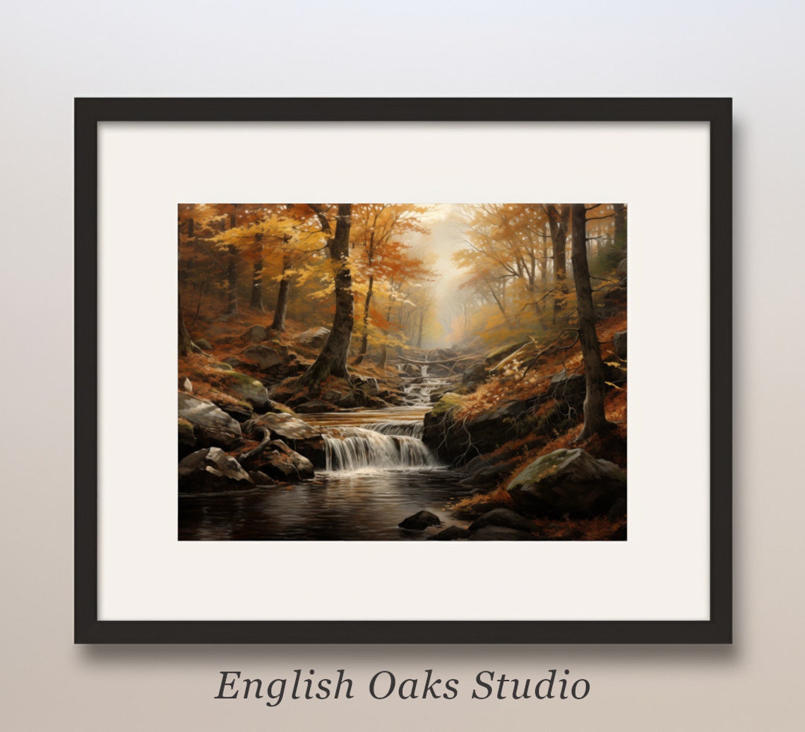 Rustic Fall River In The Forest Oil Painting Vintage River Forest Wall Art Print 01