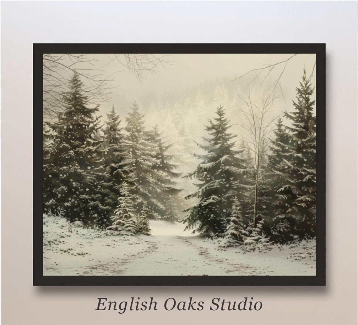 Moody Vintage Winter Path In The Christmas Tree Forest Print Rustic Winter Snowy Landscape Painting