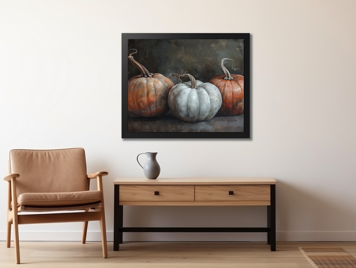Orange White Pumpkins Neutral Rustic Harvest Still Life Painting Poster - Image 2