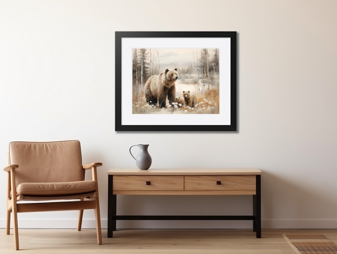 Mama Bear and Cubs Meadow Birch Trees Soft Neutral Painting Print - Image 2