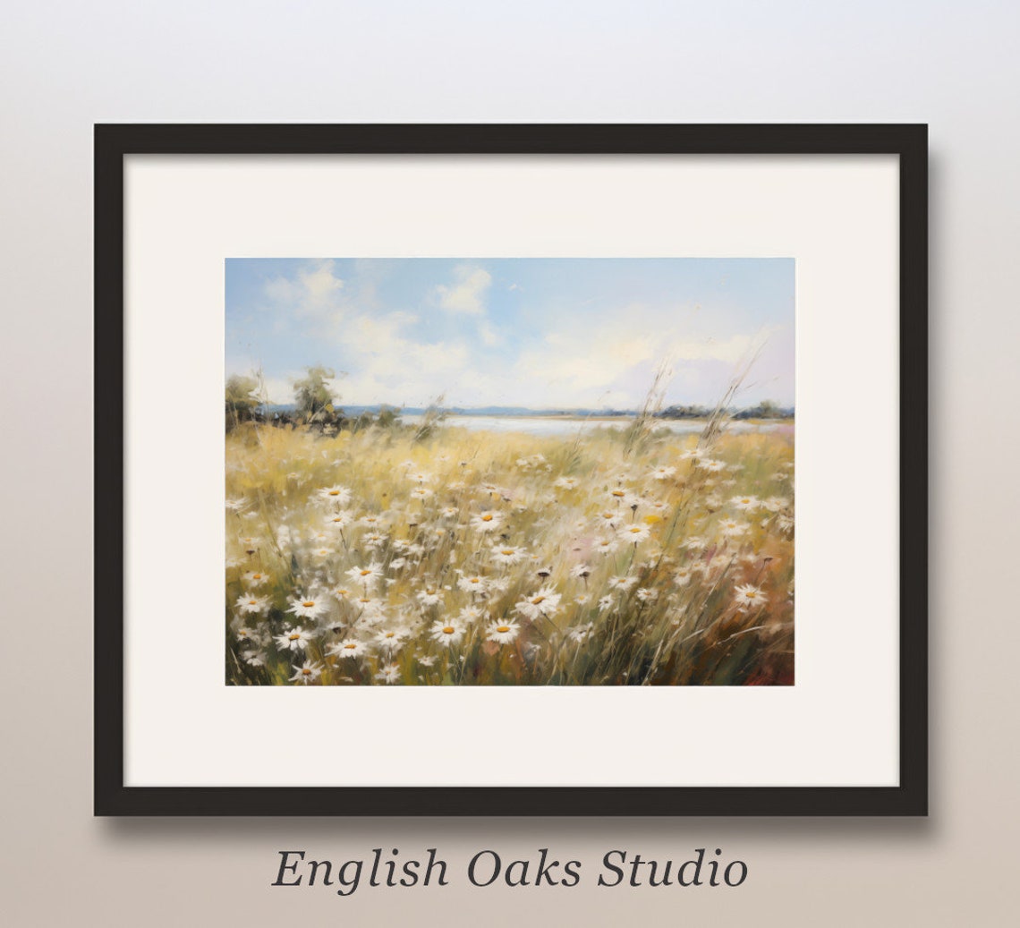 White Daisy Meadow Under Bright Blue Sky Summer Oil Painting Poster
