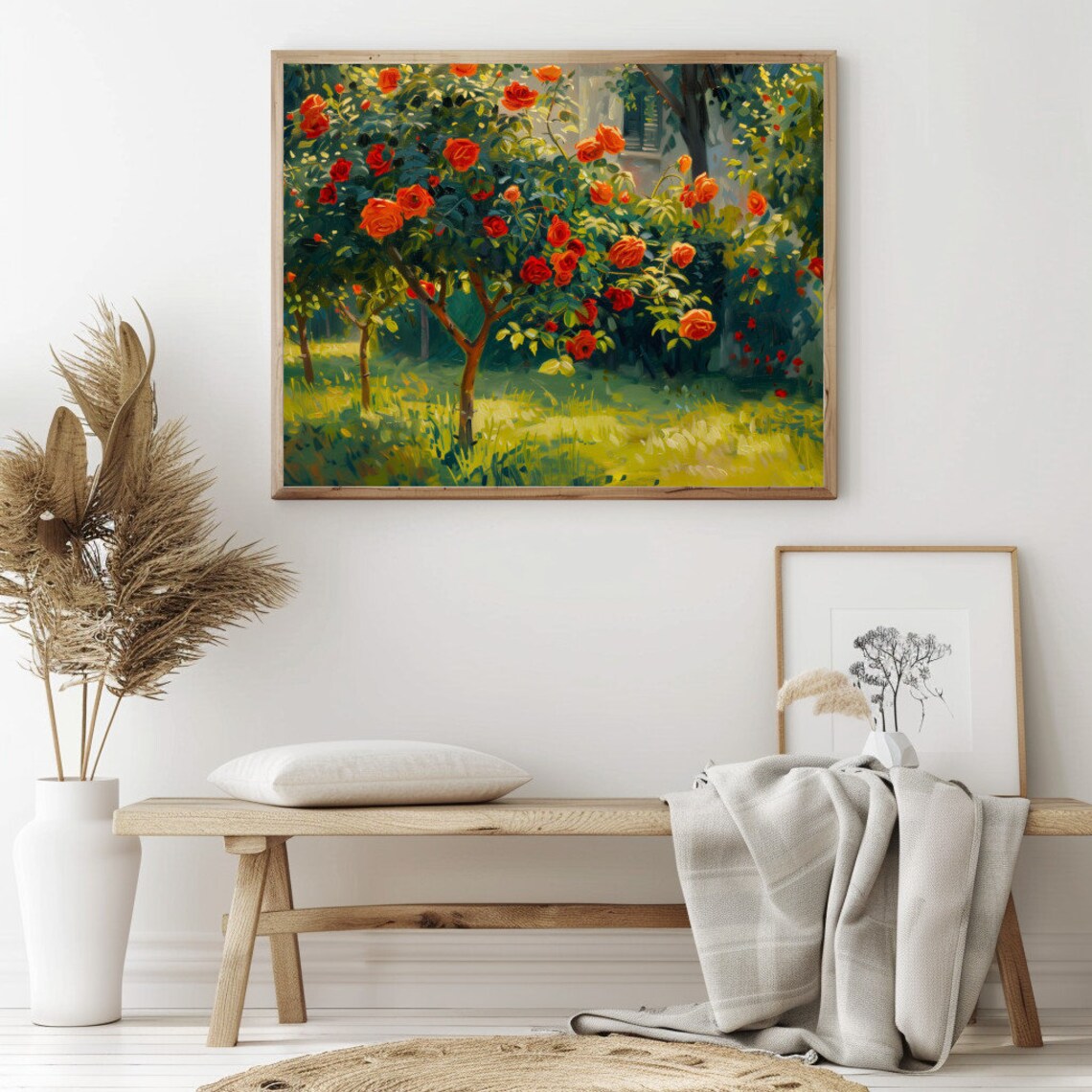 Red Rose Trees In Sunny Garden Oil Painting Impressionist Poster - Image 2