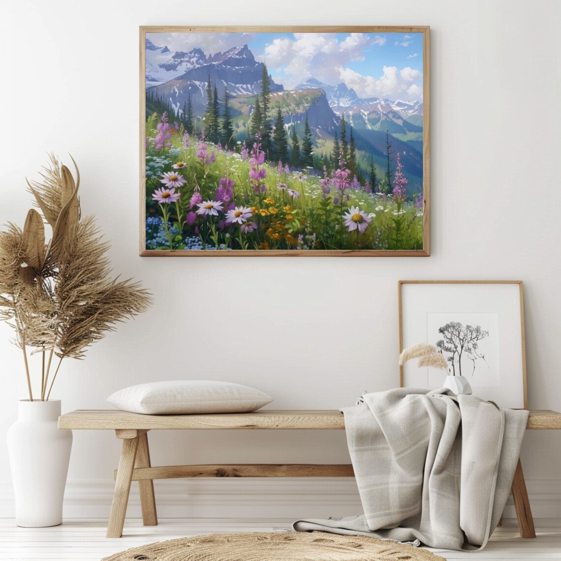 Pink Wildflowers Daisy Meadow in Snowy Mountain Valley Poster - Image 2
