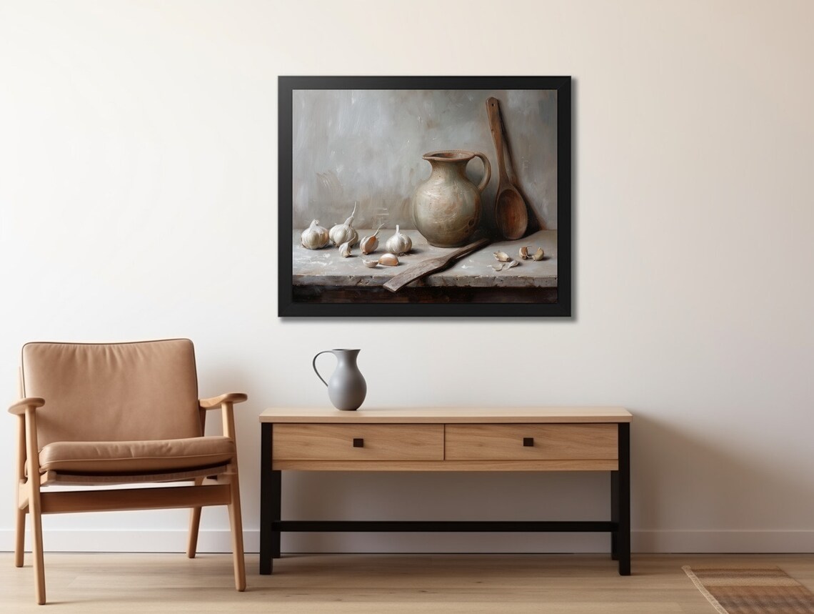 Garlic Clay Pitcher Wooden Spoon Still Life Rustic Kitchen Painting Poster - Image 2