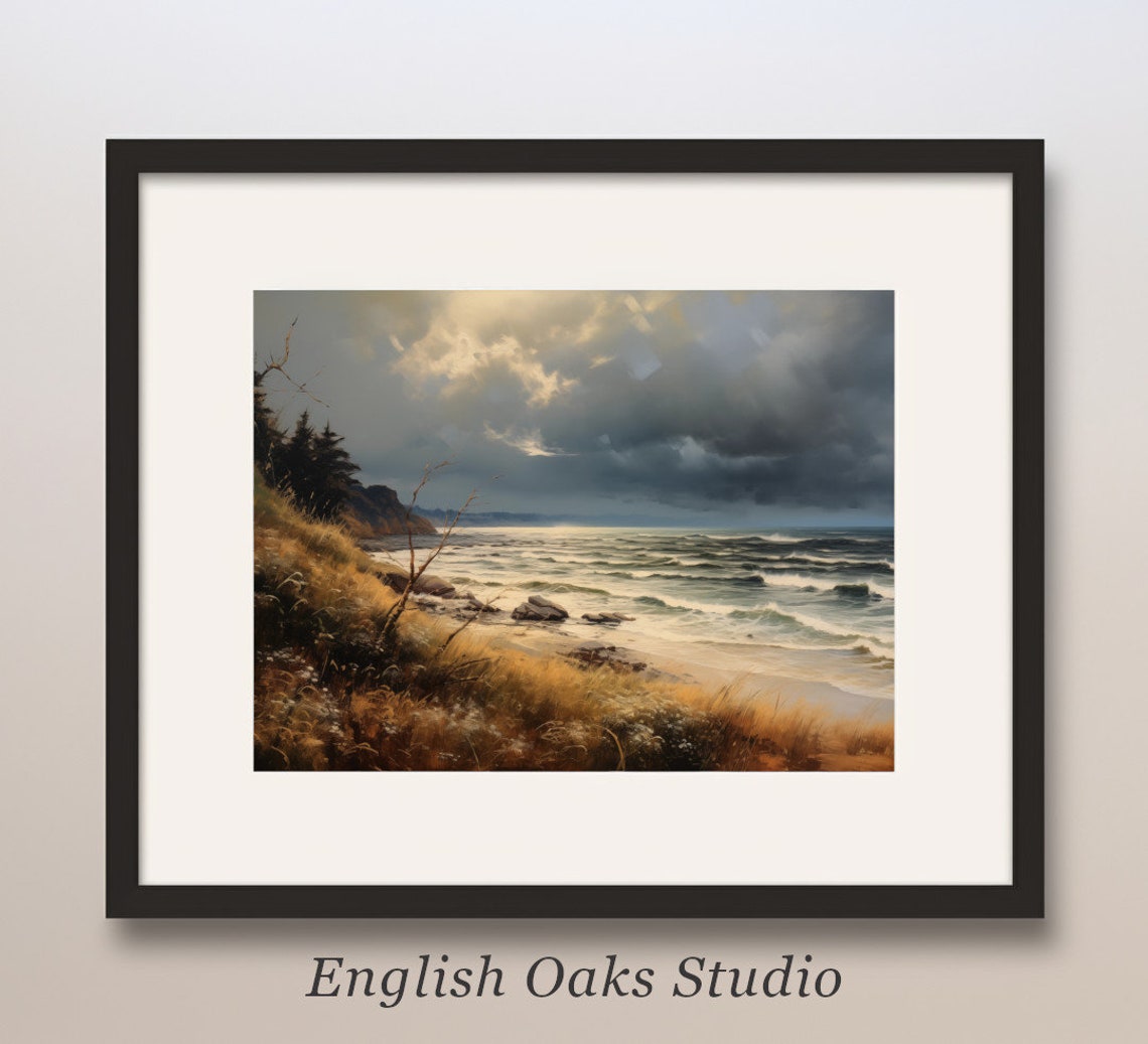 Cloudy Fall Coast with Rocky Shore Moody Oil Painting Poster