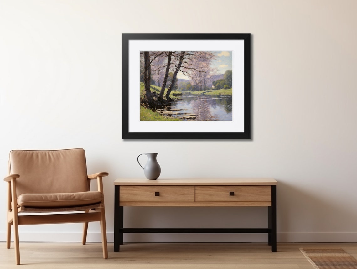 Spring Blossom Trees Along Calm River Countryside Art Poster - Image 2