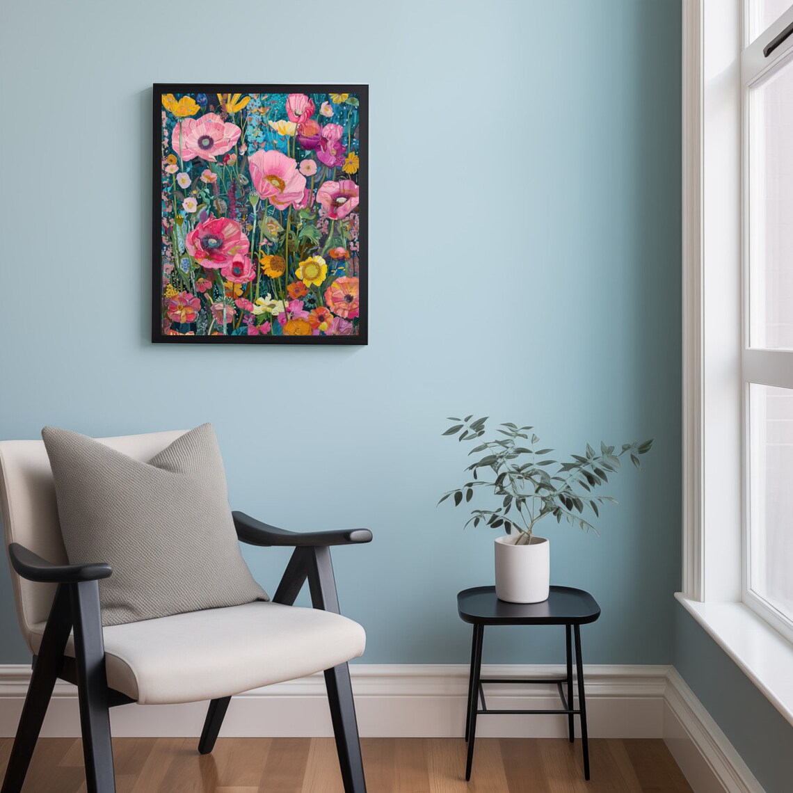 Vibrant Poppy Wildflowers Pink Yellow Dark Teal Floral Painting Poster - Image 2