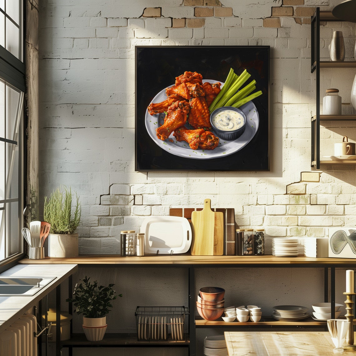 Vintage Farmhouse Southern Food On A White Plate Kitchen Still Life Painting Moody Chicken Wings And Celery Dark Comfort Food Art Print - Image 2