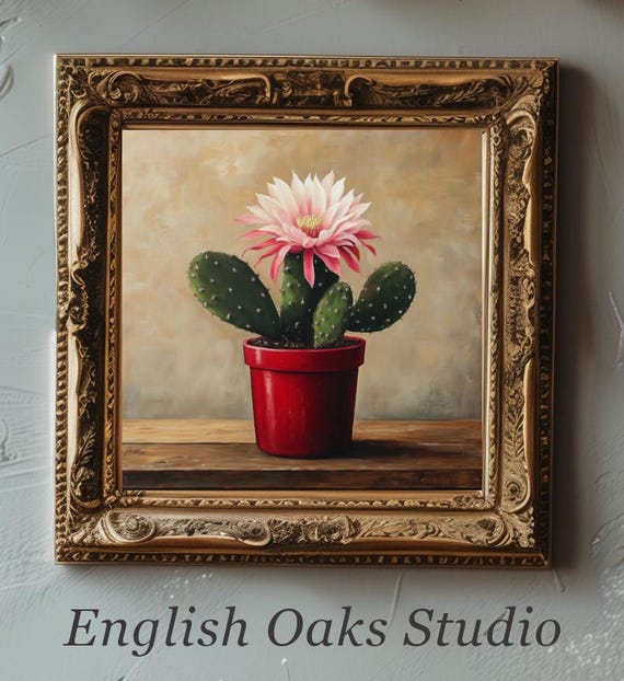 Moody Cactus With Pink Flower In Red Planter A Wooden Table Top Kitchen Decor Painting Vintage Potted Plant Food Wall Art Print