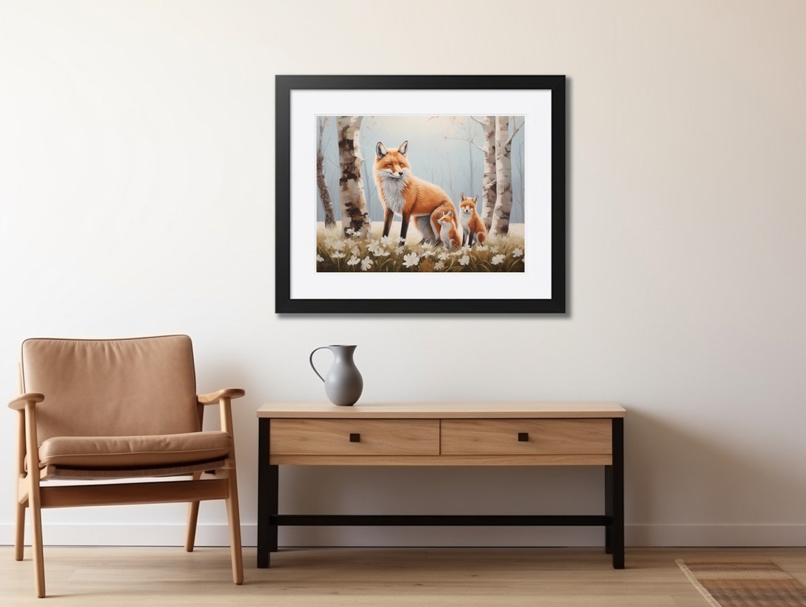 Mama Fox and Cubs Birch Forest Spring Wildflower Oil Art Poster - Image 2