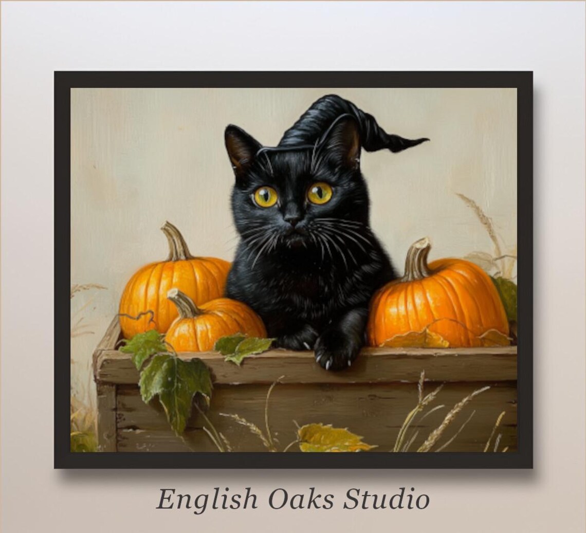 Orange Pumpkins With Black Cat, Vintage Autumn Art Print