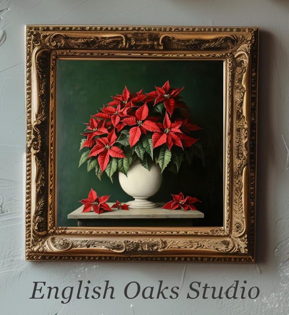 Moody Winter Holiday Red Poinsettia Plant In A White Vase On A Marble Table Top Painting Christmas Floral Still Life Decor Print