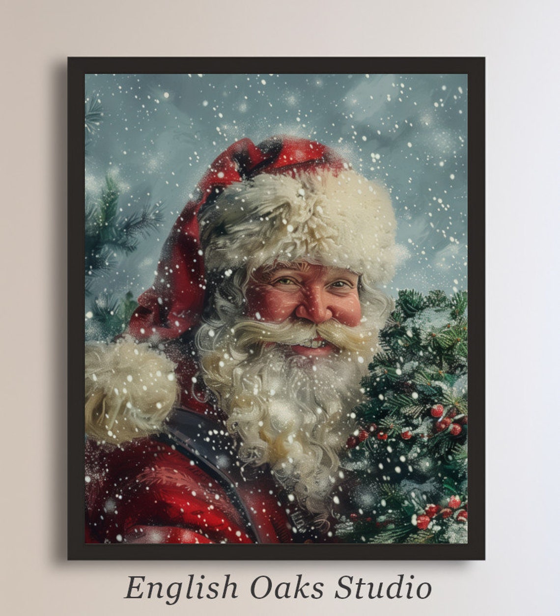 Smiling Santa Claus Portrait Falling Snow Christmas Painting Poster