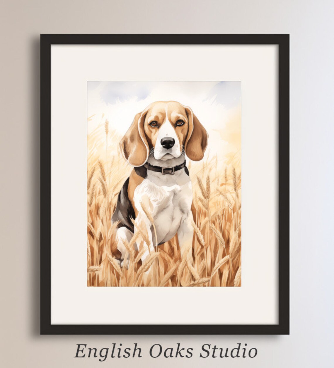 Beagle Oil Painting Golden Wheat Field Dog Portrait Wall Art